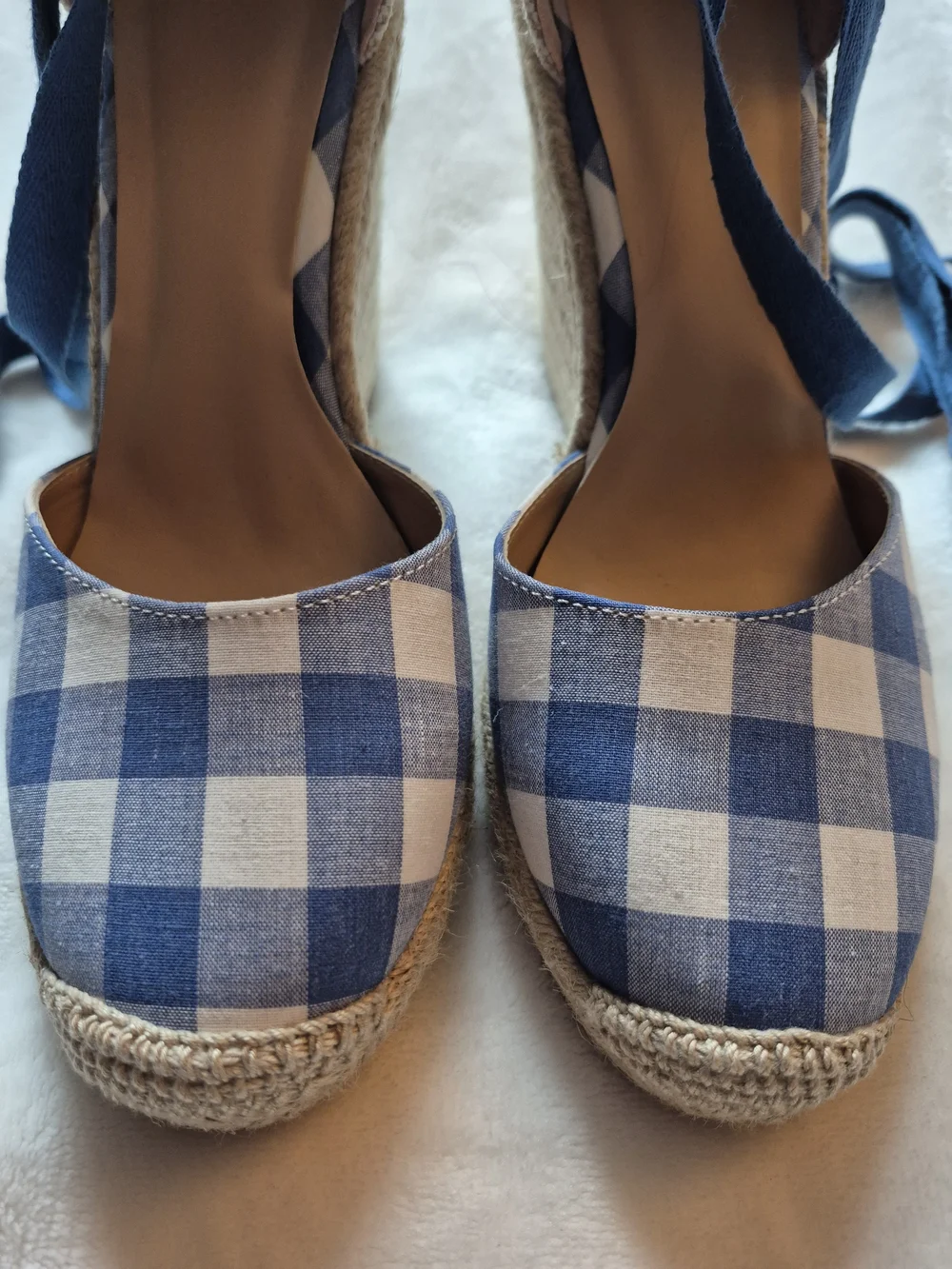 JustFab Blue and White Gingham Espadrille Wedge Sandals with Ankle Wraps